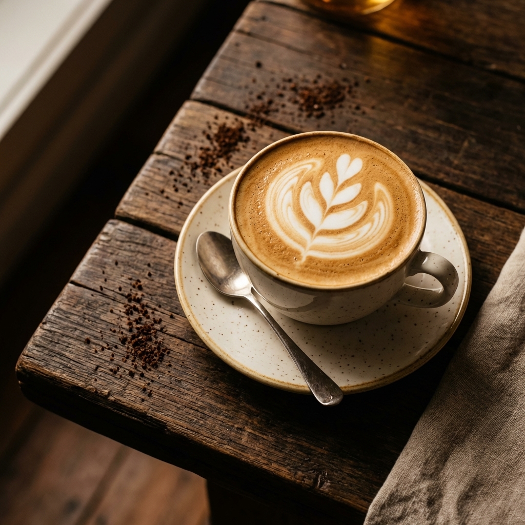 Latte art on dark timber