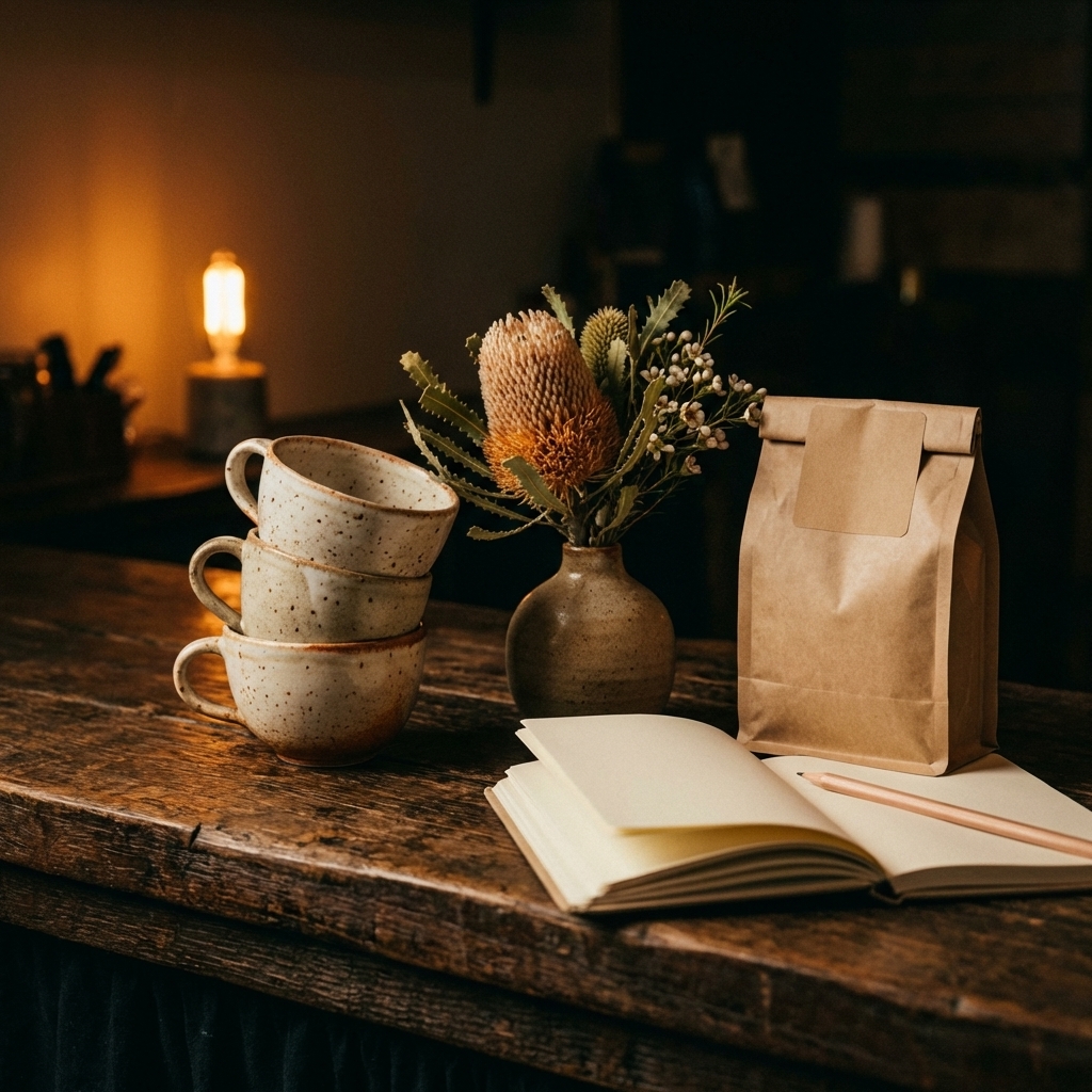 Stoneware cups and beans