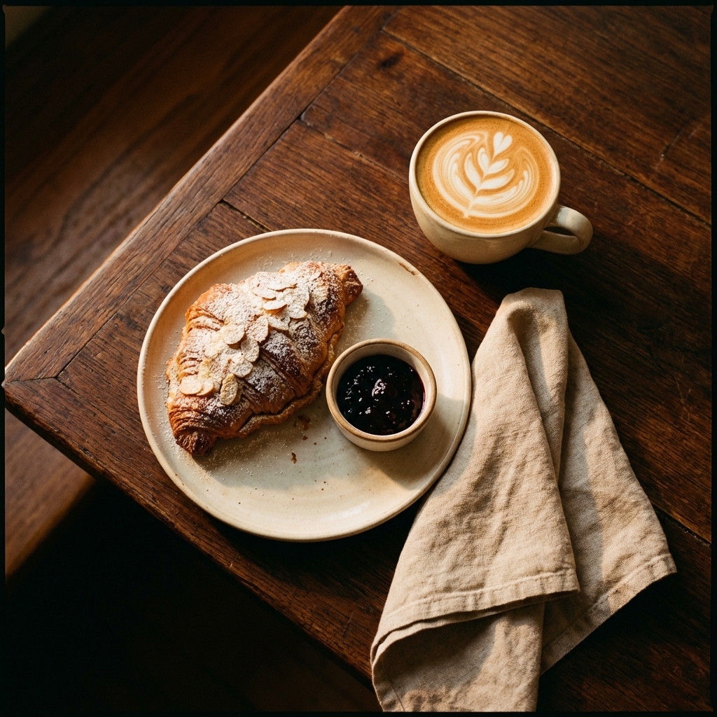 Almond croissant and flat white