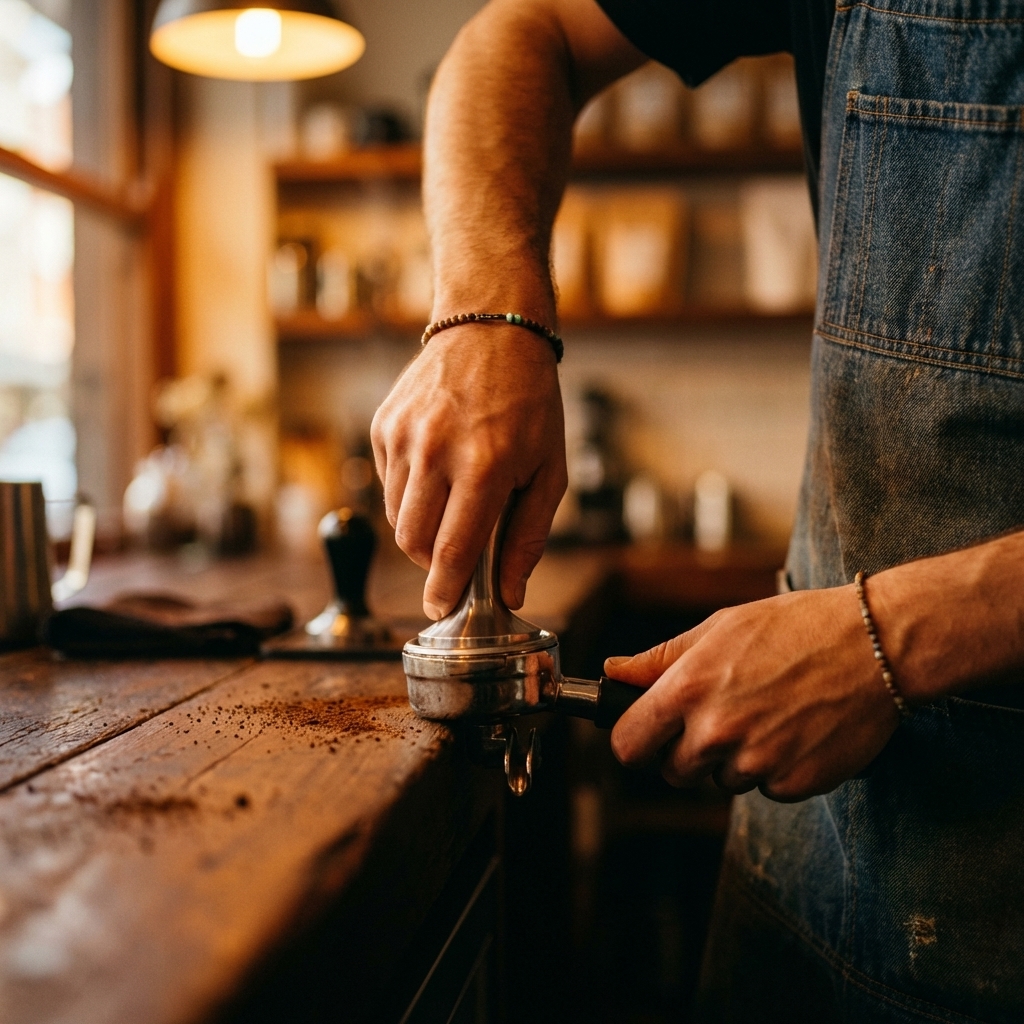 Barista tamping coffee